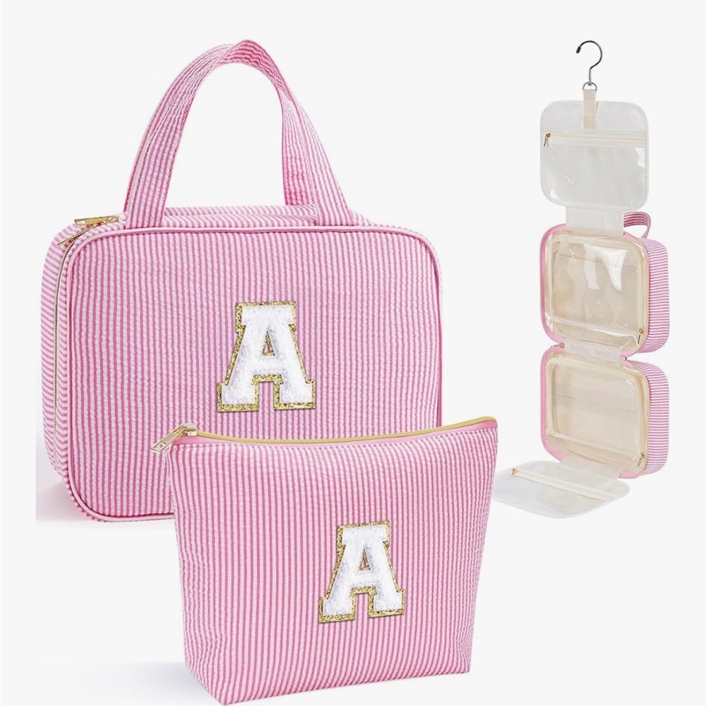 Pink Striped Kids Accessory Bag Set with Initial